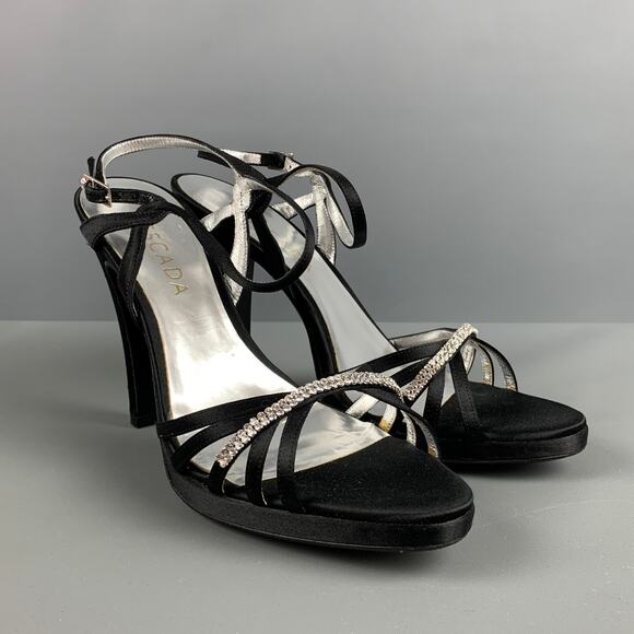 ESCADA Size 9 Black Silver Silk Rhinestones Ankle Strap Sandals - Picture 1 of 10